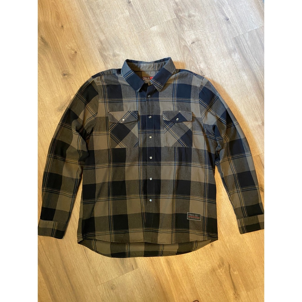 Troll Co Gridlock Flannel Shirt XL Olive Black Plaid Pearl Snap Workwear Rugged